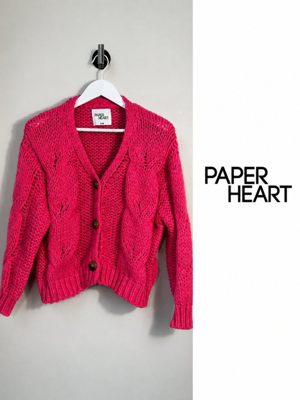 Paper Heart Pink Cable Knit Cardigan S/M Chunky Button Front Cozy Sweater